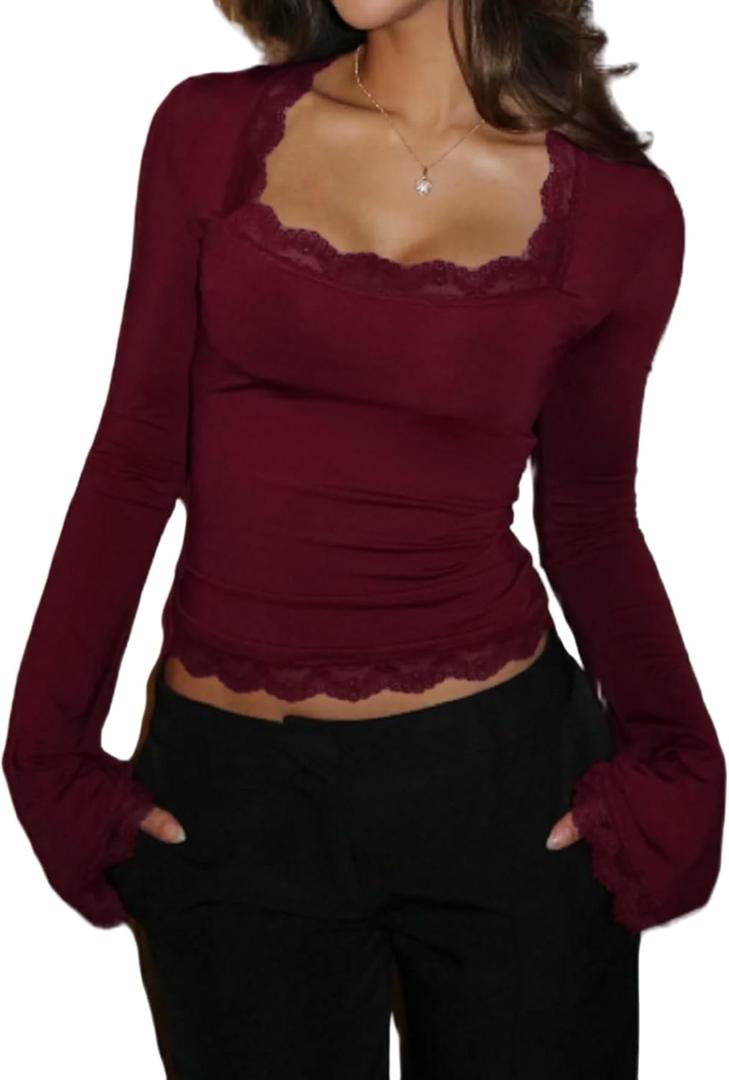 Women Square Neck Lace Long Sleeve Top Y2k Lace Trim Slim Fit Basic Blouse Casual Fall Going Out Trendy Shirts (Small, Wine Red)