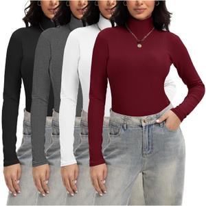 Siimcuzy 1/4 Pack Women's Ribbed Turtleneck Long Sleeve Shirts Basic Tops Fitted Stretch Sweater (XX-Large, 1 Black 1 Heather Grey 1 White 1 Wine Red)