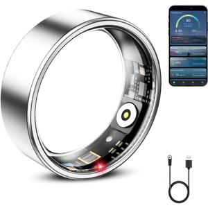 Mirlray Smart Ring for Women & Men, Smart Ring Health Tracker, Blood Oxygen & Heart Rate Monitor, Long Lasting Battery Sleep Ring, Waterproof Fitness Ring (Silver, 7)