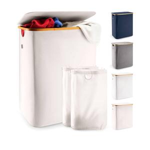 LONBET Laundry Basket with Lid, Made from Breathable Fabric | Aesthetic Clothes Hampers for Laundry with Side Handles & Sturdy Bamboo Frame (40 Gallons - Double, Beige)