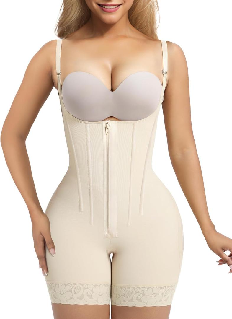 SHAPERX Shapewear for Women Tummy Control Body Shaper Butt Lifter Bodysuit Postpartum Girdles with Adjustable Straps (Large, Beige (Zipper)