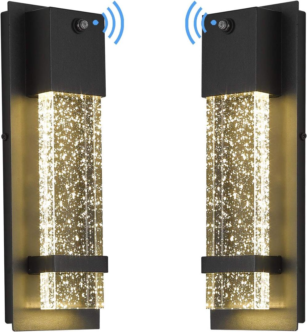 Dusk to Dawn Outdoor Wall Light Fixture, HWH Exterior Wall Sconce Porch Light 2 Pack, Outside Wall Lights in Black Finish with Crystal Bubble Glass, 5HW9-B-P-2PK BK