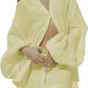 Fixmatti Women 2 Piece Outfits Summer Shorts Sets Lantern Sleeve Button Down Shirt and Shorts Sweatsuit (Medium, Beige)