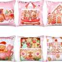 6 Pcs Pink Christmas Gingerbread Throw Pillow Covers 18 x 18 Inch Gingerbread House Truck Hot Cocoa Pink Christmas Decorative Pillow Cases for Xmas Sofa Couch Decor(Novel)