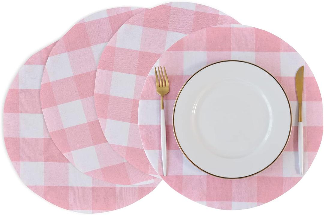 Pink & White Cotton Buffalo Check Plaid Round Placemat, Set of 4, 15 Inch eco-Friendly Fabric Handcrafted Machine Washable Indoor & Outdoor Tablemat