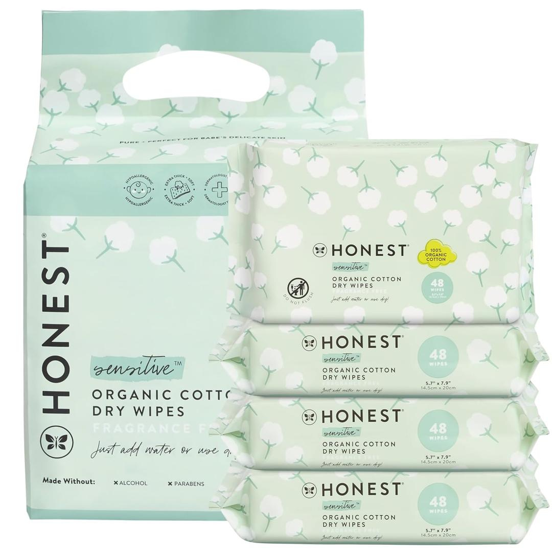 The Honest Company 100% Pure Organic Cotton Dry Wipes Multi-Use Disposable Facial Cloths and Baby Hypoallergenic Gentle on Skin 192 Count Pack of 2