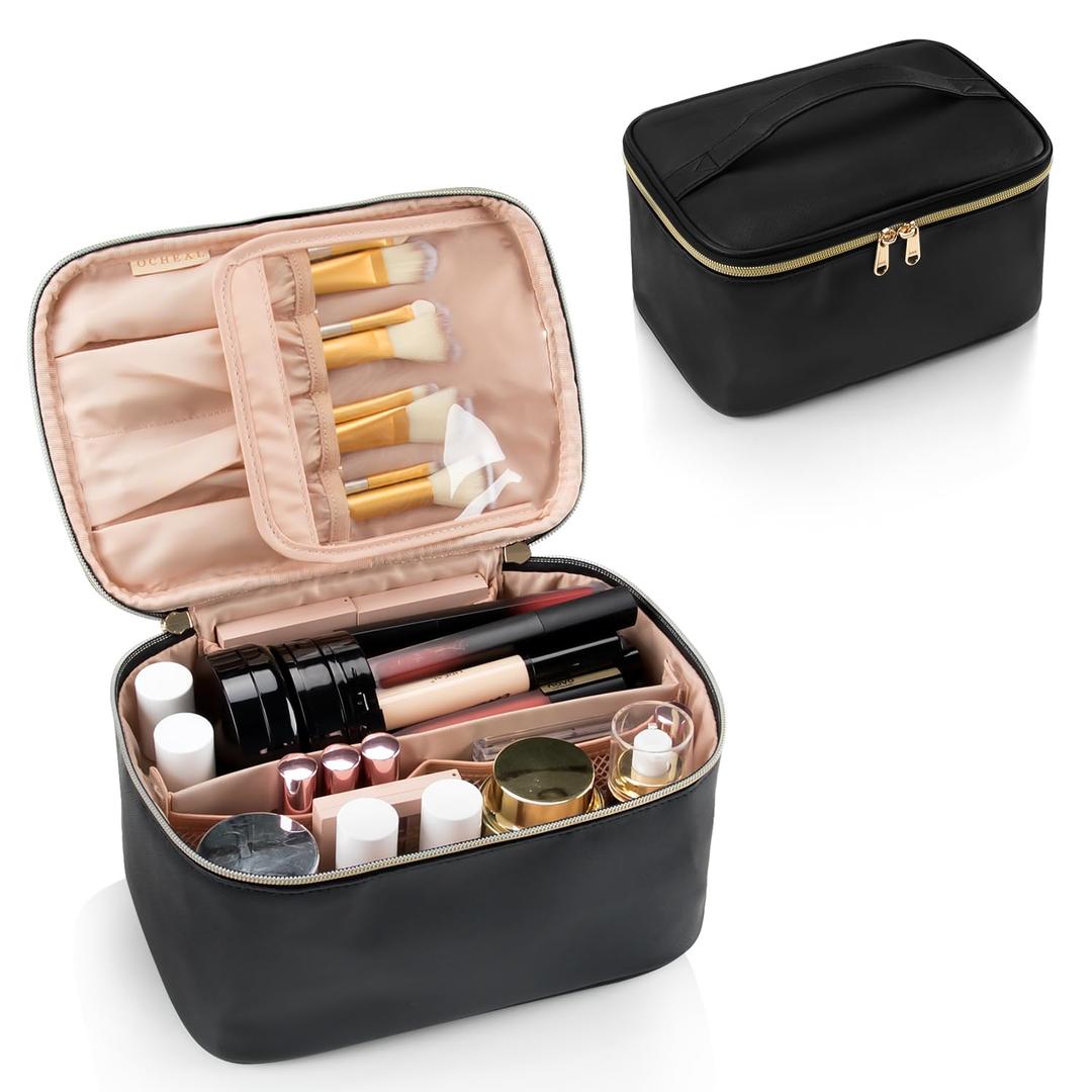 OCHEAL Makeup Bag, Portable Cosmetic Bag, Large Capacity Travel Makeup Case Organizer, Black For Women Toiletry Bag for Girls Traveling With Handle and Divider (Medium)