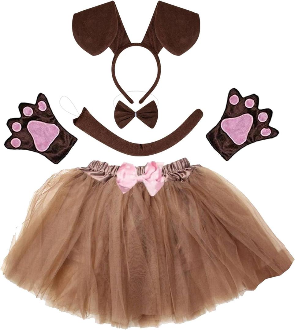 Kirei Sui Kids Animal Costume Dachshund Puppy Brown White Dog Tutu Ear Headband Bow Tie Tail Paws