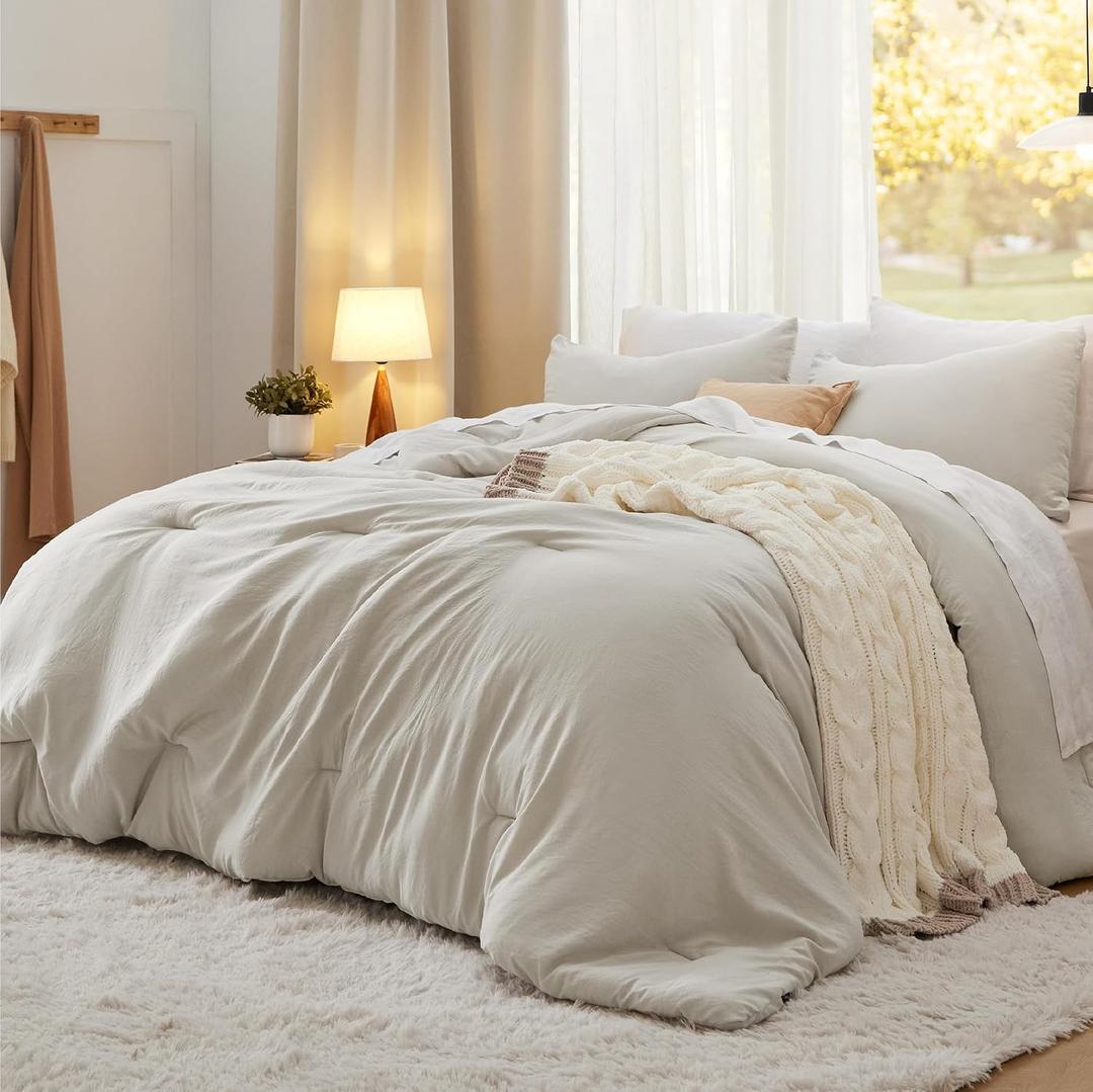 Bedsure Oversized Queen Size Comforter Set, Beige Soft Prewashed Bedding for All Seasons, 3 Pieces GentleSoft Down Alternative Bed Set, 1 Lightweight Comforter (98"x98") and 2 Pillowcases (20"x26")