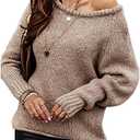 BTFBM Women Casual Long Sleeve Fall Sweaters Crew Neck Solid Color Soft Ribbed Knitted Oversized Pullover Loose Fit Jumper, Beige, L
