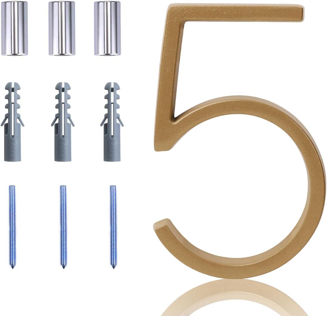 2 x Floating House Number Modern House Numbers 5 inch, Deamos Zinc Alloy Home Address Number for House with Reflective Finish Brass Floating Mount or Flush Mount [Number 5] (Gold)