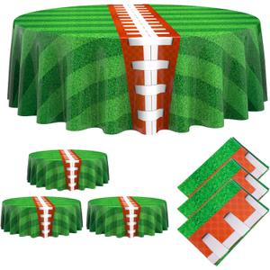 Oudain 3 Pcs Football Party Tablecloth 84 Inches Football Round Table Cloth Disposable Plastic Sport Table Covers for Birthday Party Decor Supplies Favors