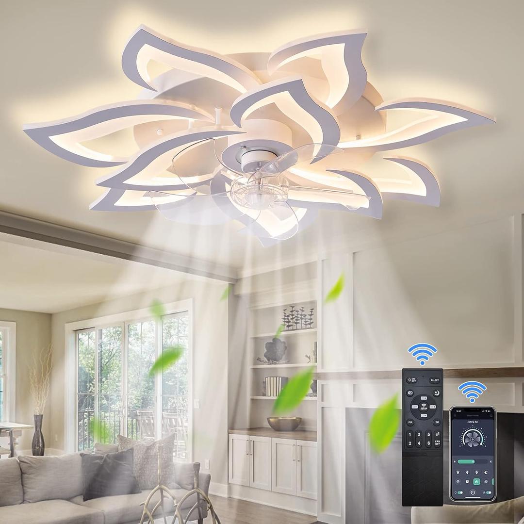 Ceiling Fan with Light,Modern Indoor Flush Mount Ceiling Fan with Dimmable LED Light and Remote Control 3 Color Temperatures 6 Gear Wind Speed for Kids Room Bedroom 100W 32in7in