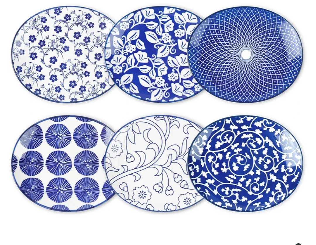 Selamica Small Dinner Plates, Oval Dessert Plates Ceramic, 6 Inch Small Plates for Appetizer, Cake, Snacks, Microwave Dishwasher Safe, Set of 6, Vintage Blue