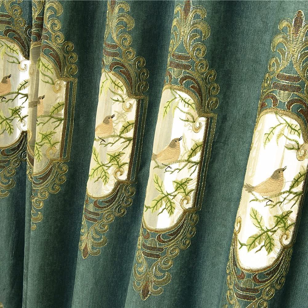 SLOW SOUL Set of 2 Panels Embroidered Birds 80% Blackout Curtains for Living Room Bedroom Dining Room Curtains & Drapes High-end Curtain with Grommet Top Darkcyan Cloth 49W X 84L inch (2 Panels)