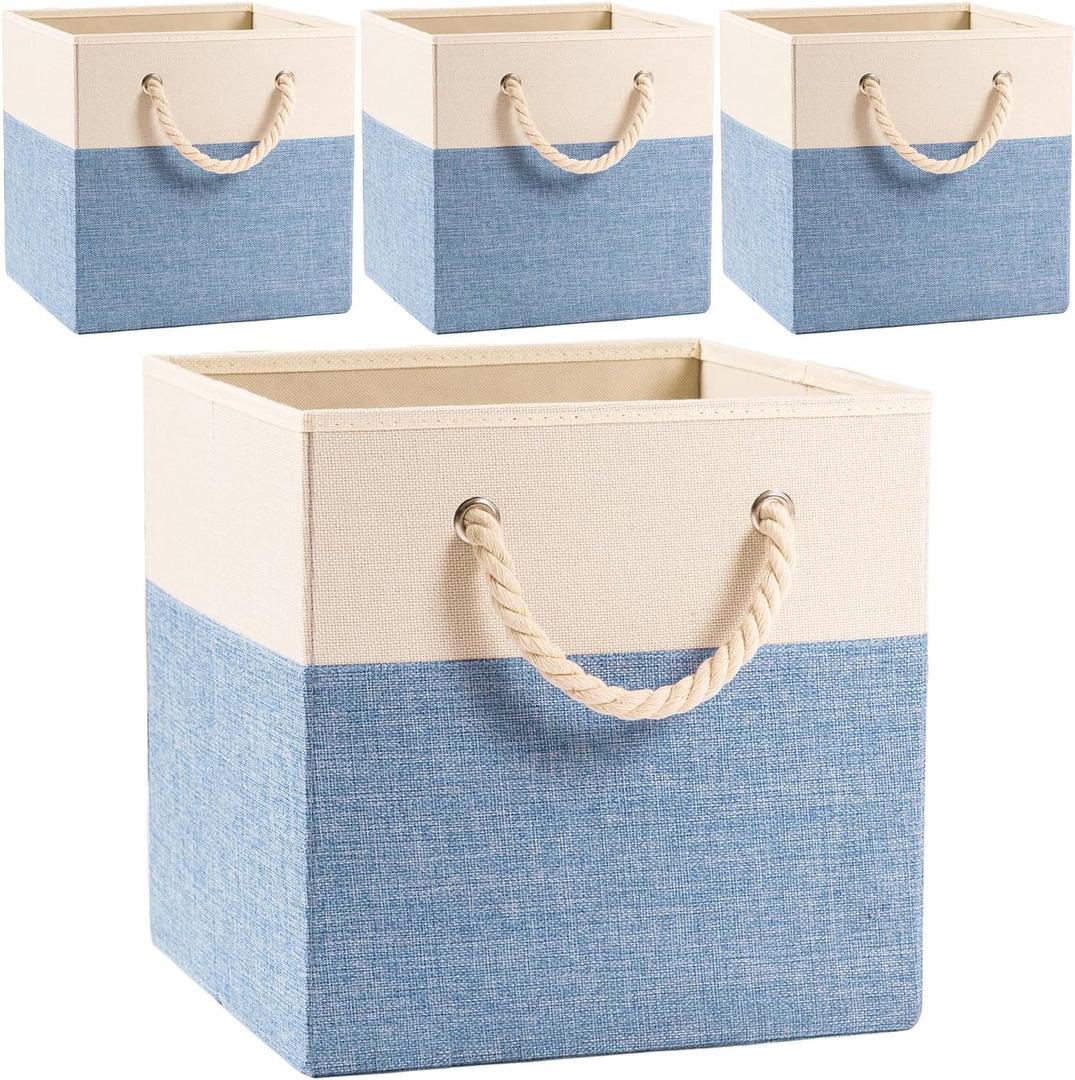 PRANDOM Large Foldable Cube Storage Bins 13x13 inch [4-Pack] Fabric Linen Storage Baskets Cubes Drawer with Cotton Handles Organizer for Shelves Nursery Closet Bedroom Beige/Blue