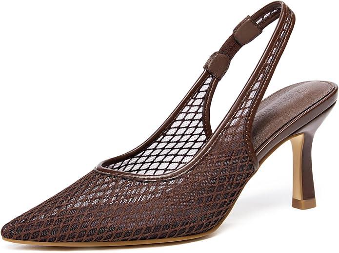 Coutgo Womens Mesh Slingback Kitten Heels Pointed Toe Low Heel Pumps Sexy Dress Shoes, 6