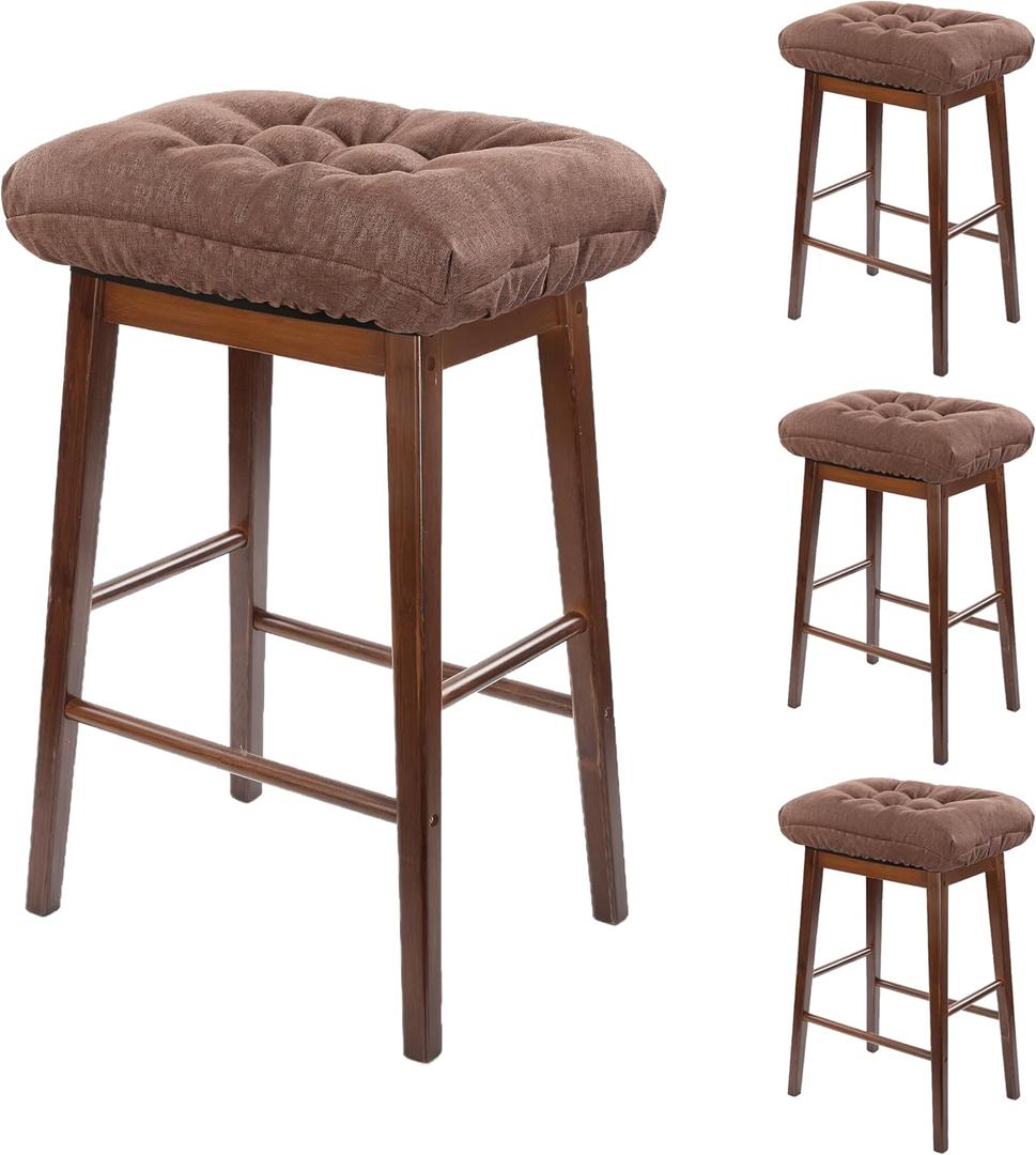 Rectangular Stool Cushion Set of 4, Soft Saddle Stool Cushions with Ties, Nonslip and Washable, Brown, 18 x 10.5 x 4 Inch