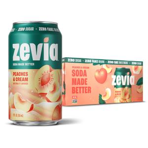 Zevia Zero Sugar Soda, Peaches and Cream, 12 oz Cans (8-Pack) – Caffeine Free, Naturally Sweetened, No Calorie Soda - Non-GMO Project Verified, Gluten-Free, Vegan (EXP 08/14/27)