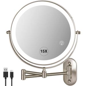 Magnifying Mirror with Lights 1x/15x: 8.5" Double Sided Wall Mounted Lighted Makeup Mirror for Bathroom, 3 Color Lights & 360Swivel Vanity Mirror, Brushed Nickel