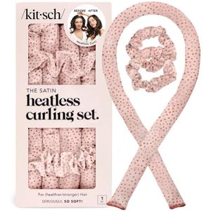Kitsch Satin Heatless Curling Set  Heatless Curls Overnight with 34" Hair Curler & 2 Satin Scrunchies  Comfortable Hair Curlers to Sleep In for Frizz-Free, No Heat Damage Styling - Micro Dot