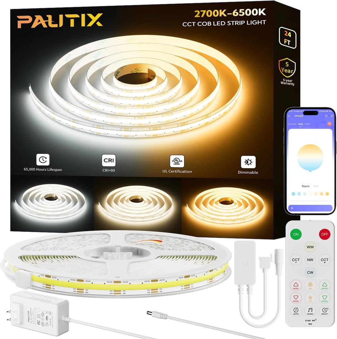 PAUTIX COB LED Strip Lights 2700K-6500K CCT Tunable White 24ft UL-Listed Dotless LED Lights Super Bright Dimmable 24V LED Tape Light with APP/RF Remote Control,Under Cabinets Bedroom Kitchen Lighting