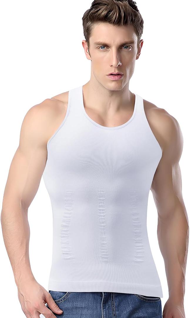 Gynecomastia Compression Shirts, Mens Slimming Body Shaper Vest, Tummy Control Undershirts (XX-Large, White)