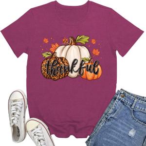 Thanksgiving Shirts for Women Thankful T-Shirt Fall Tee Tops (Pink, XL)