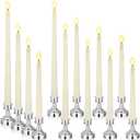 Rossesay 12 Pcs Flameless LED Taper Candles with Candlestick Battery Operated 8.5" 9.6" 10.8" 12.8" Flameless Flickering Candlesticks for Christmas Wedding(Silver Holder & Ivory Candles)