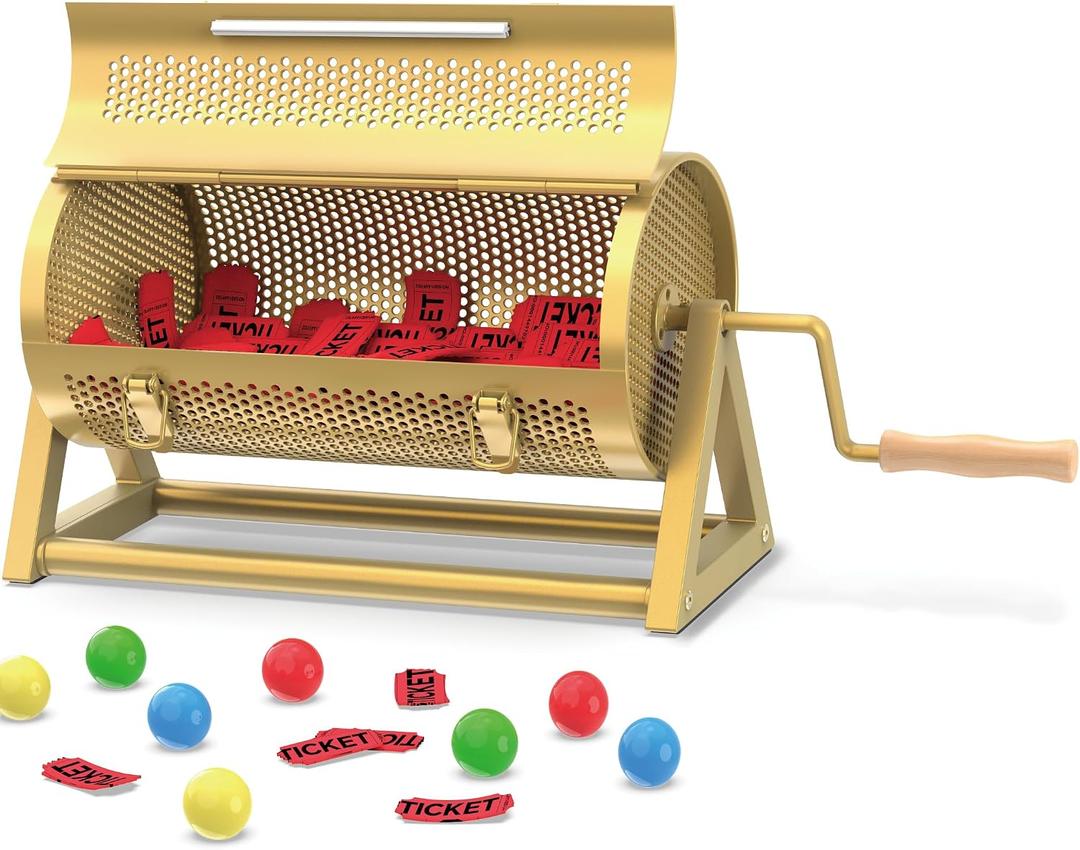 NANATI Metal Raffle Drum, Heavy Duty Raffle Ticket Spinner, Silent Design Raffle Ticket Drum with Large Wooden Handle, Raffle Box Holds 3000+ Tickes & 150 Balls for Lottery Games, Bingo, Raffle Balls