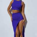 TOPONSKY Women's 2 Piece Crew Neck Sleeveless Tank Top Bodycon Slit Long Skirt Outfits Dress Set (Blue, XXL)