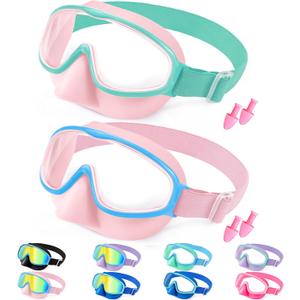 Vvinca Kids Goggles with Comfort Fabric Strap, Kids Swim Goggles Wide View Anti-Fog/UV No Leaking Swimming Goggles for 3-14 (13-pink Blue& Pink Mint Green)