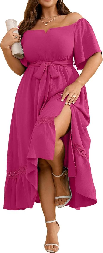 RWJ Women's Plus Size Dress for Cocktail Wedding Guest Formal V Neck Off The Shoulder Maxi Dress with Belt (Pink, XXXL)