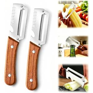 2 Pack Multifunctional Vegetable Peeler, 3 in 1 Kitchen Vegetable Peeler with Wooden Handle, Grater & Bottle Opener & Peelers for Kitchen for Potato, Carrot, Apple, Fruit & Vegetable