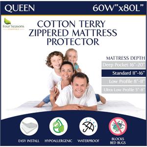 Zippered Waterproof Mattress Encasements - Hypoallergenic Mattress Protector Cover with Soft Cotton Terry Fabric Top - Queen Size 60' x 80'