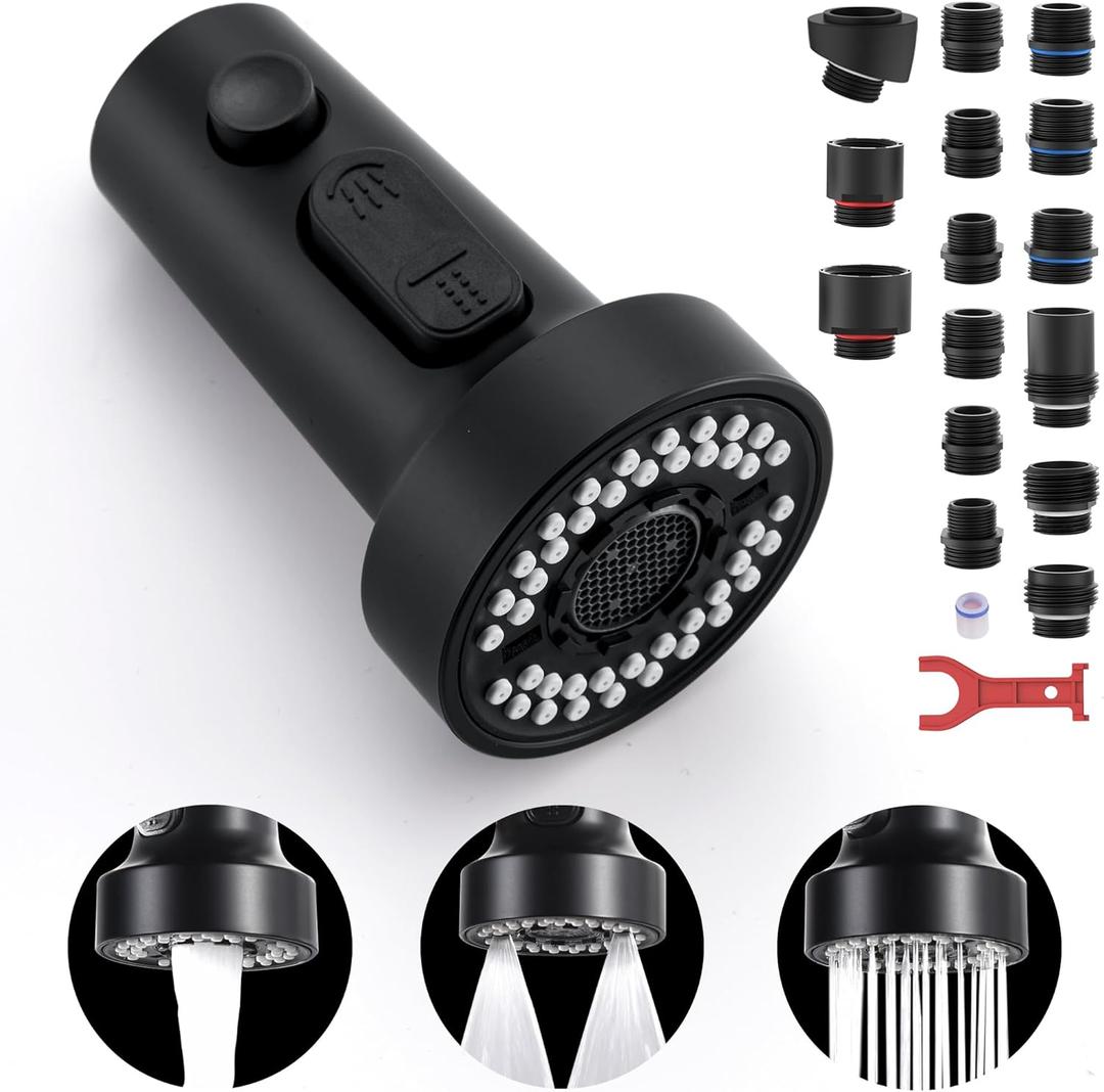 TIORIY Kitchen Faucet Head Replacement Black, with 15 Adapters Plastic Pull Down Faucet Spray Head, 3 Modes Pull Out Kitchen Sink Sprayer Nozzle, Matte Black