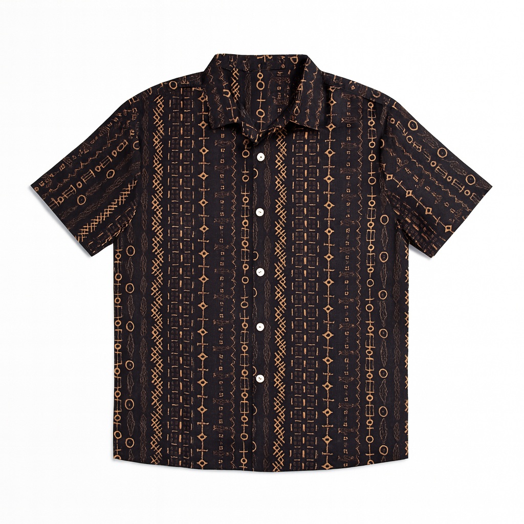 Men’s Short Sleeve Button-Up Shirt — Ethnic Stripe Print, Lightweight Breathable Casual Shirt, Regular Fit, Size Small