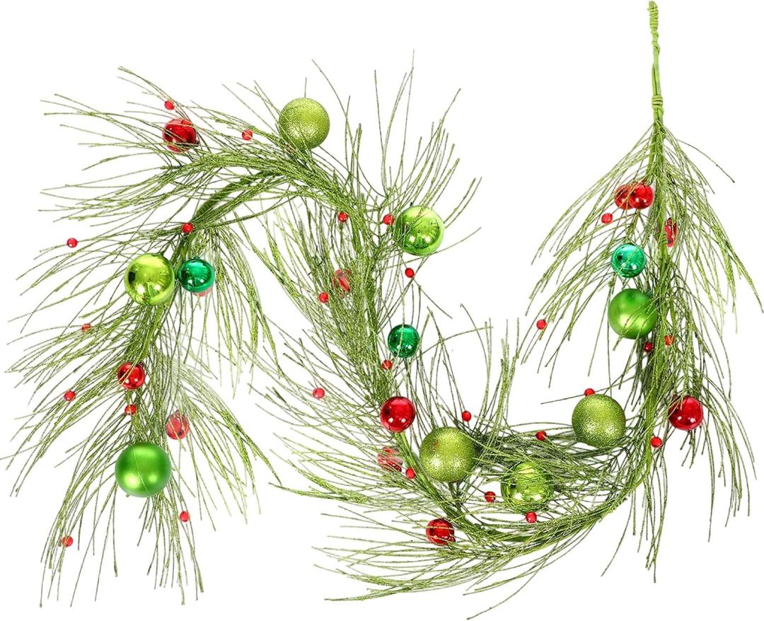 6FT Christmas Garland Winter Red Berries Christmas Tree Garland with Berries Cones Balls Ornament, Red Shiny Balls Holiday Decoration Indoor/Outdoor, Flocked with Mixed Decor (Multicolor, 180cm)