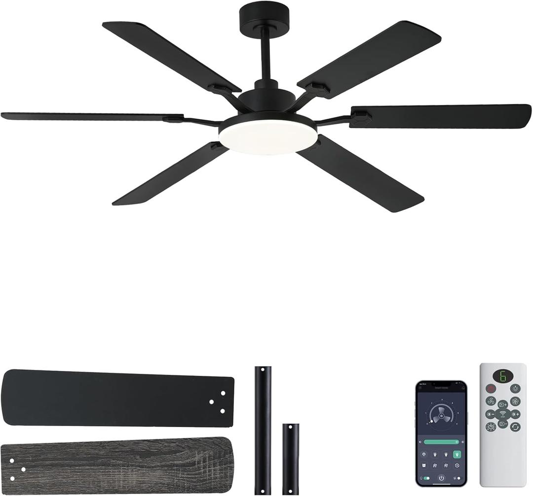 60 Inch Ceiling Fans with Lights, Large Modern Black Ceiling Fan with Light and Remote Control, 6 Double Sided Blades, 6 Speed Reversible Motor, Dimmable LED, Silent Timing, Indoor Outdoor Patio Use