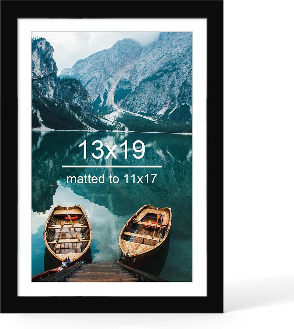 Hongkee 13x19 Picture Frame, Black Wood Style - Display Posters 11 x 17 with Mat or 13x19 without Mat, Wall Mounting Horizontal and Vertical, Pack of 1
