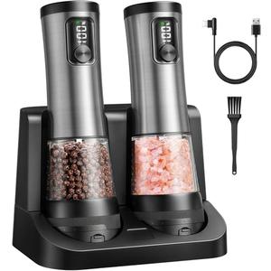 Electric Salt and Pepper Grinder Set - Ceramic Grinder Automatic Pepper Mills with Battery Display Rechargeable Base, Stainless Steel Salt Shakers with 5 Level Adjustable Coarseness for Modern Kitchen