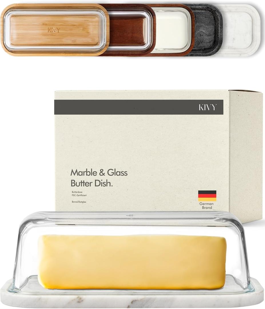 KIVY Butter Dish (White Marble & Glass) - For countertop and refrigerator door shelf - Marble butter keeper - Stone butter dish - Glass butter dish with lid - Dishwasher Safe