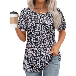 Womens Summer Short Sleeve Tops Pleated Shirts Crewneck Outfit Puff Sleeve Blouses Casual Tunic Blue Flower (X-Large, Black White Flower)