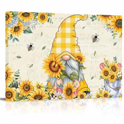 Sunflower Gnome Canvas Print Wall Art - Bees Flowers Leaf on Vintage Newspaper Background - Wall Decor Modern Artwork Paintings Pictures for Living Room Stretched and Framed Ready to Hang - 24" x 36"