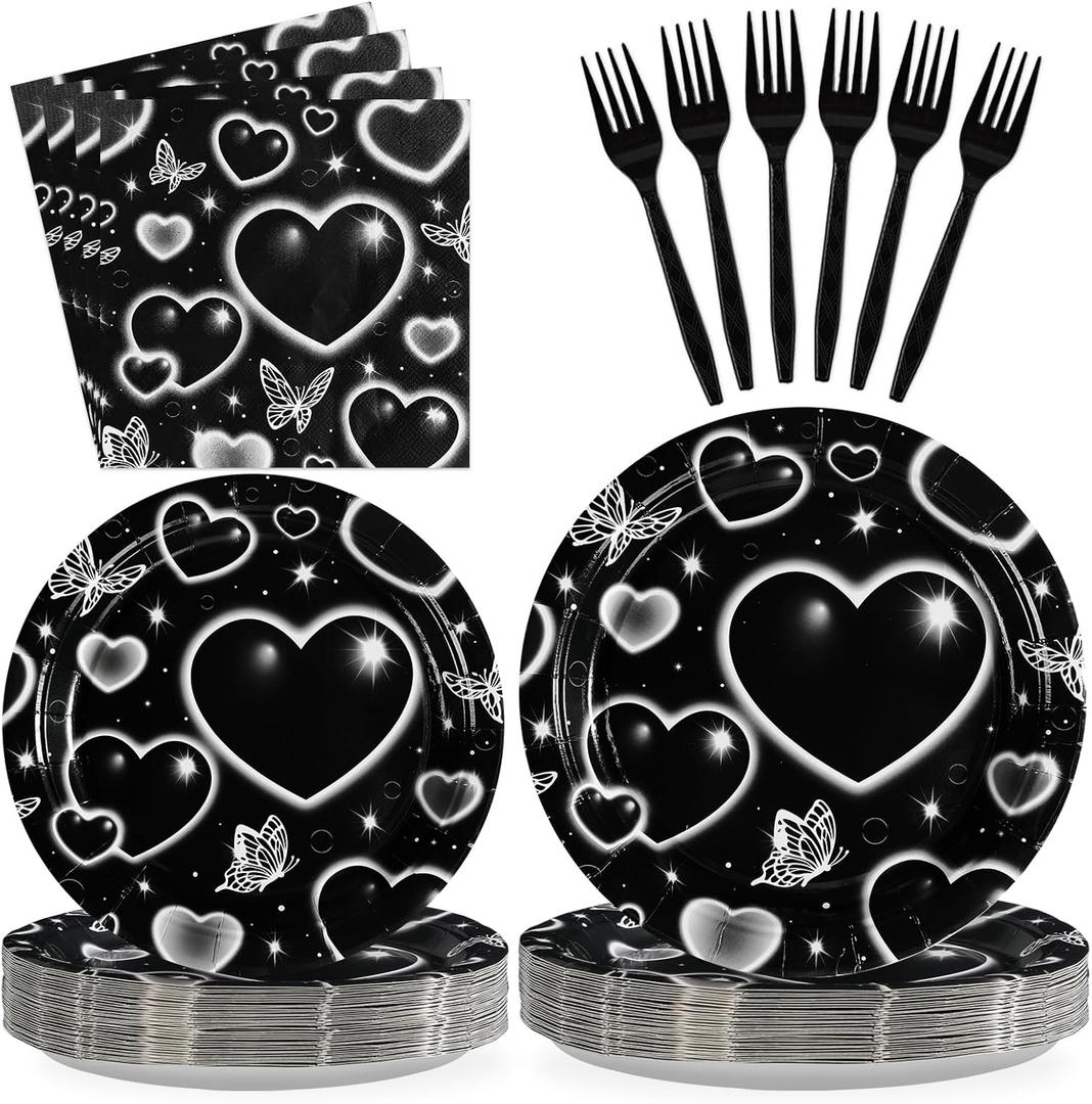 Grencian 96 Pcs 2000s Party Plates and Napkins Black Heart Tableware Supplies Y2k Theme Birthday Party Decoration Early 2000s Dinnerware Decorations for Halloween Birthday Wedding Bridal Shower