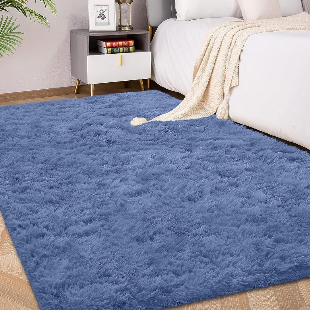 FVVRAX 3x5 ft Ultra Soft Shag Area Rug - Plush Fluffy Non-Shedding Carpet for Bedroom & Living Room, Modern Home Decor Bedside Runner for Kids Nursery Dorms, Easy Clean, Cobalt Blue