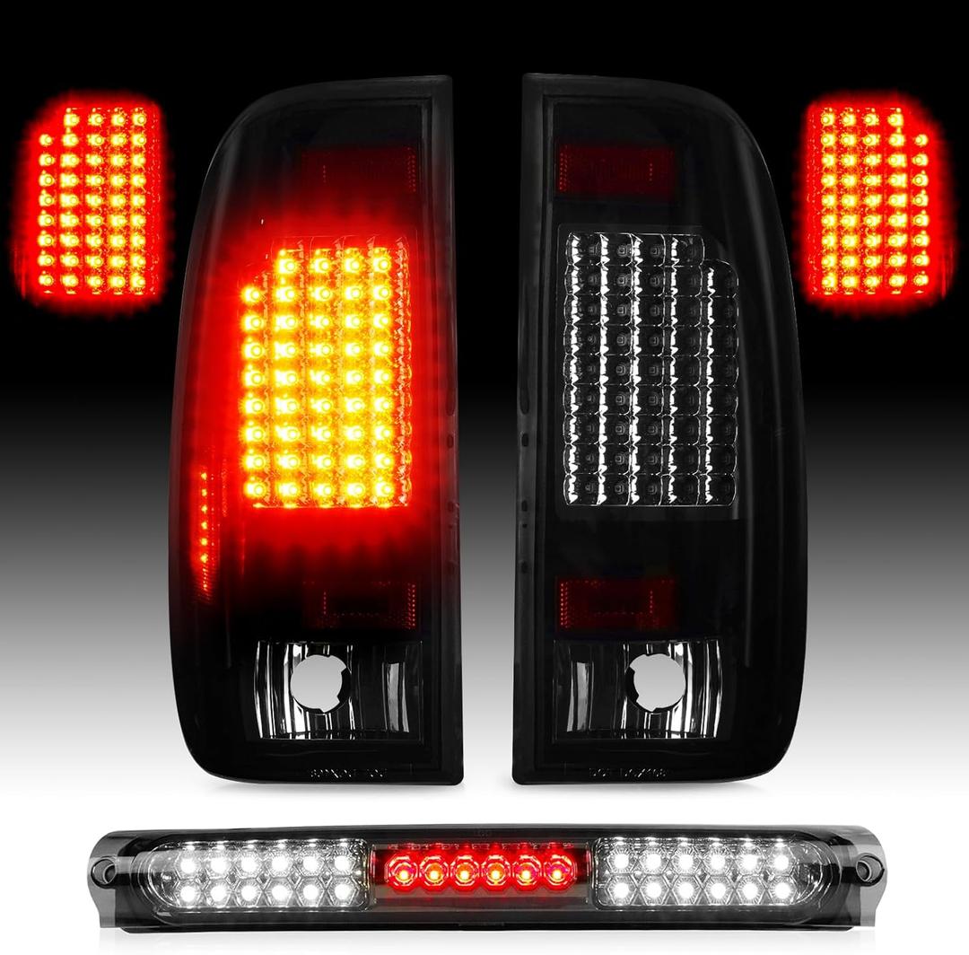 LED Tail Lights Assembly + 3rd Third Brake Cargo Lamp Fit for 97-03 Ford F-150, for 2004 F-150 Heritage Pickup, Rear Taillight and High Mount Stop Light, Chrome Housing Smoked Lens, 3 Pcs