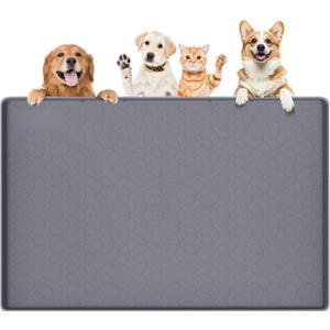 Dog Food Mat, Extra Large 34" x 22" Silicone Pet Feeding Mat with Raised Edge Pet Placemat for Small, Medium, and Large Pets Non-Slip, Easy to Clean (Dark Grey)