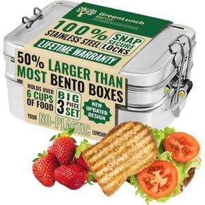 Stackable Stainless Steel Bento Box for Adults with Snack Pod - Holds 6 Cups of Food, 100% Crack-Resistant, Secure Locks, Eco-Friendly Lunch Box Container for School & Office