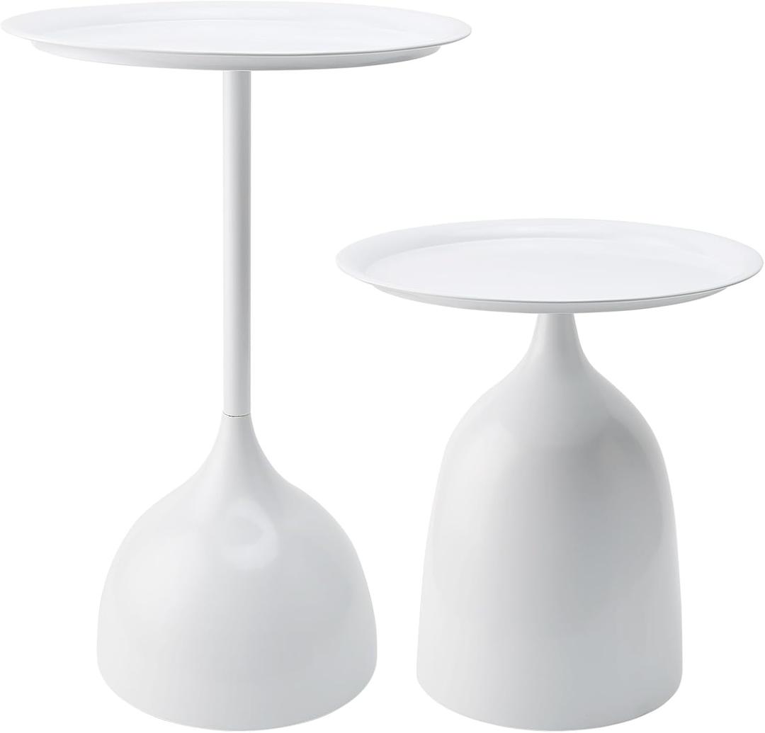 Small Side Table Set of 2, Round End Tables for Narrow Spaces, Metal, White